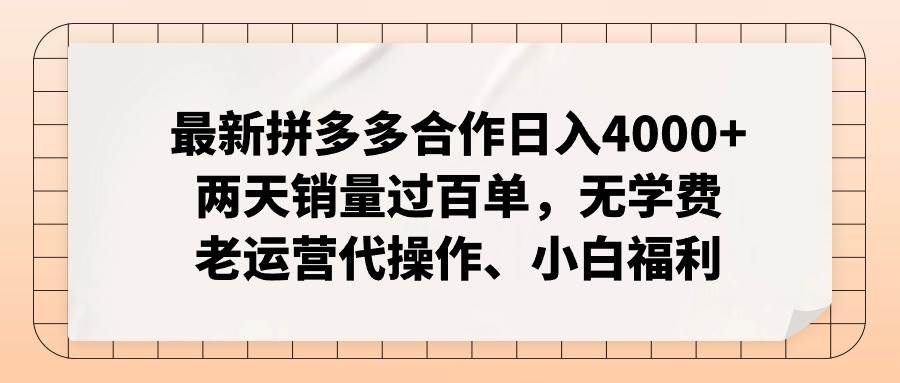 最新拼多多合作日入4000+两天销量过百单，无学费、老运营代操作、小白福利倾城领域-倾城领域