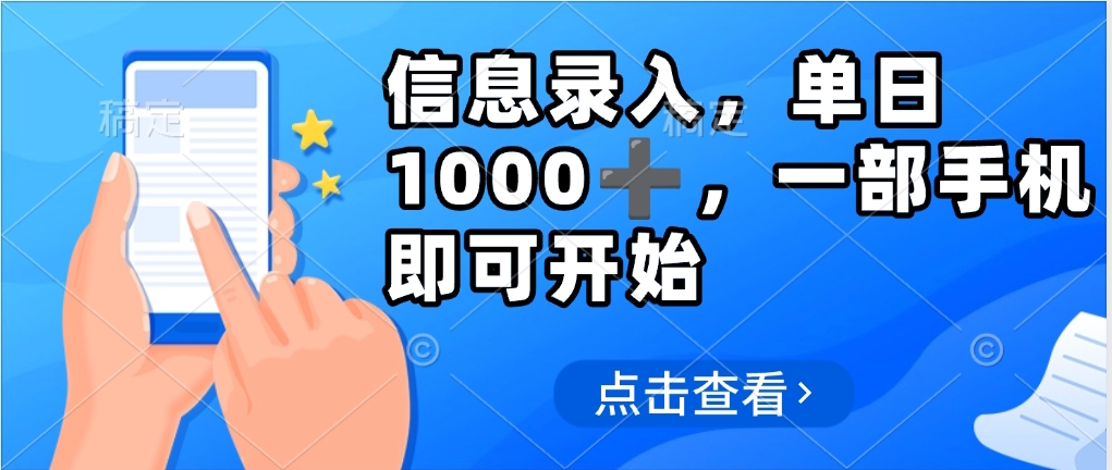 信息录入，几秒钟一单，只需一部手机即可操作，0成本，每天500➕倾城领域-倾城领域