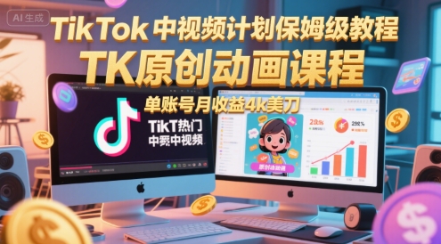 TikTok中视频计划保姆级教程，TK原创动画课程，单账号月收益4k美刀倾城领域-倾城领域