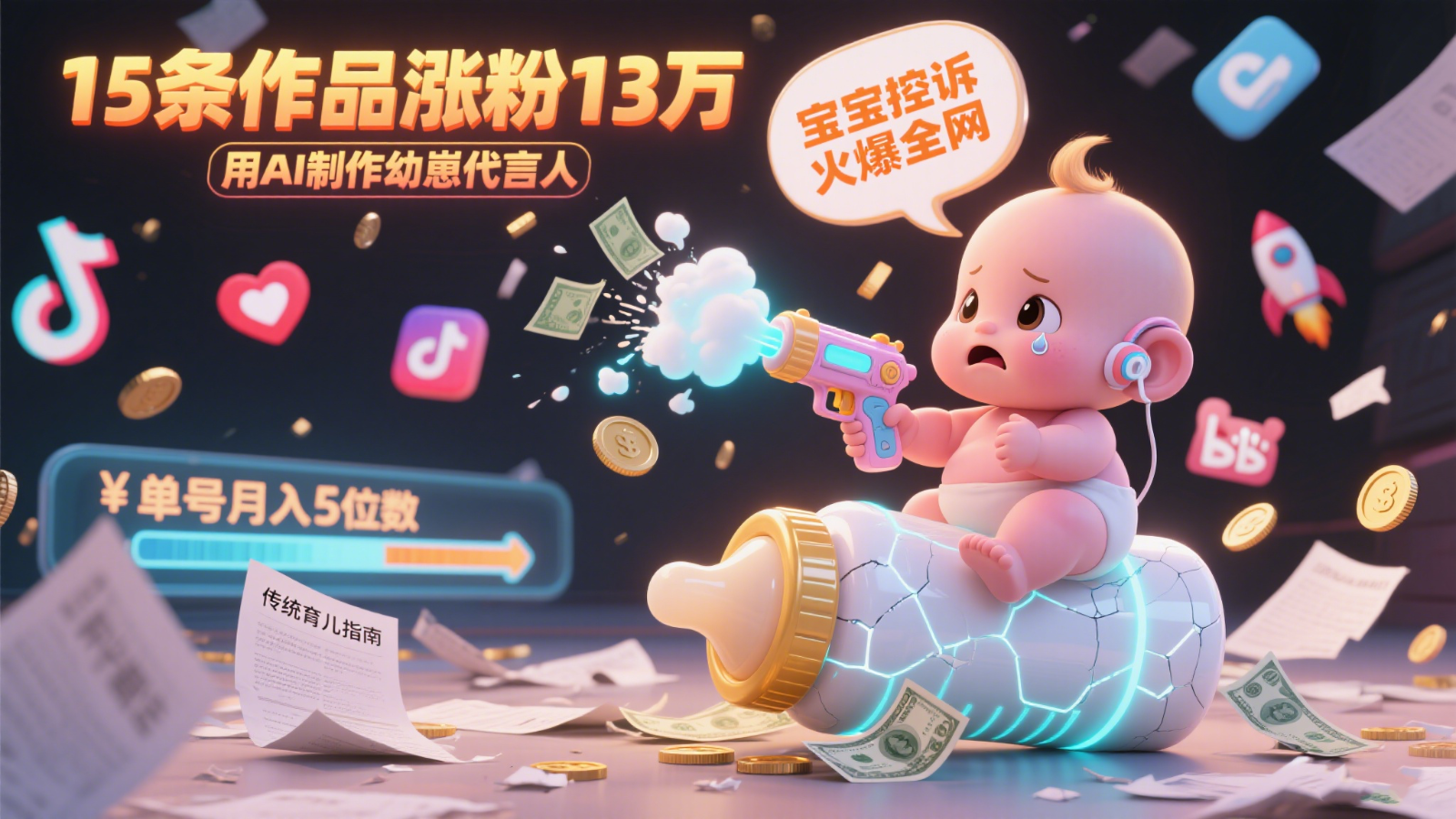用AI制作幼崽代言人，宝宝的控诉火爆全网，15条作品涨粉13万，单号月入5位数实操教程倾城领域-倾城领域